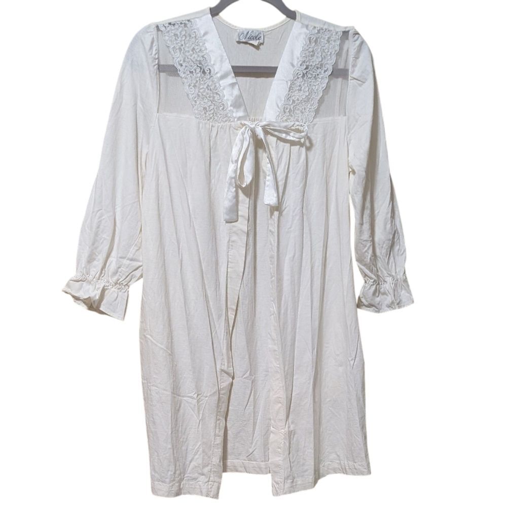 Vintage Nicole robe dressing gown lace ruffle sleeves cotton USA union made L